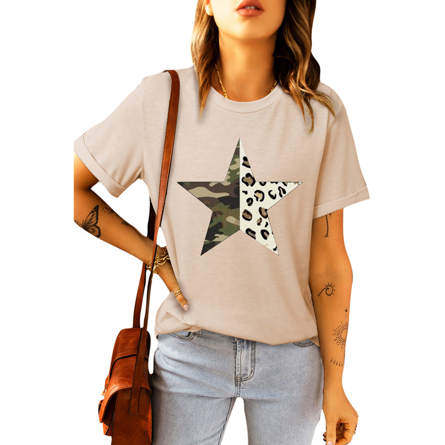 Womens Khaki Camo Leopard Star Print Rolled Short Sleeve T Shirt Image 1