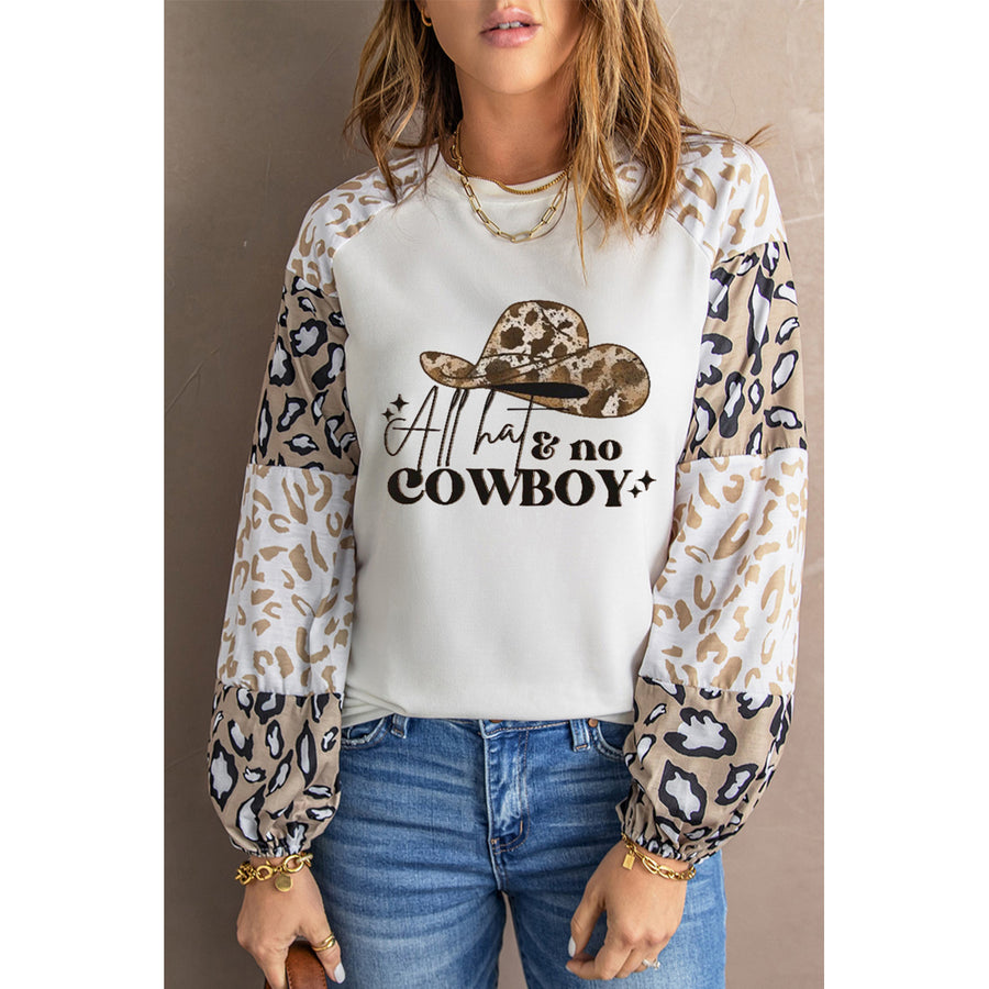 Womens Beige COWBOY Hat Graphic Print Leopard Color Block Long Sleeve Top Image 1