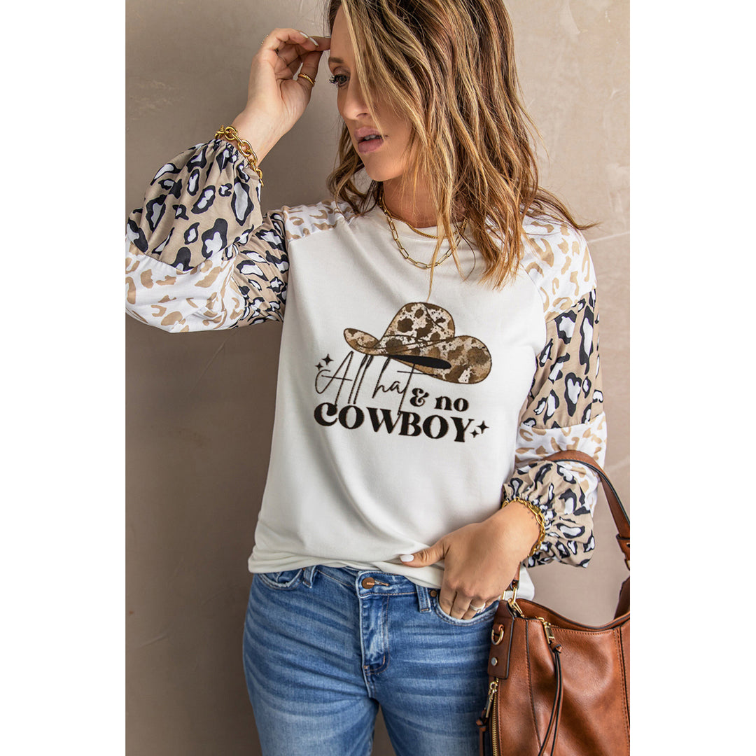 Womens Beige COWBOY Hat Graphic Print Leopard Color Block Long Sleeve Top Image 2