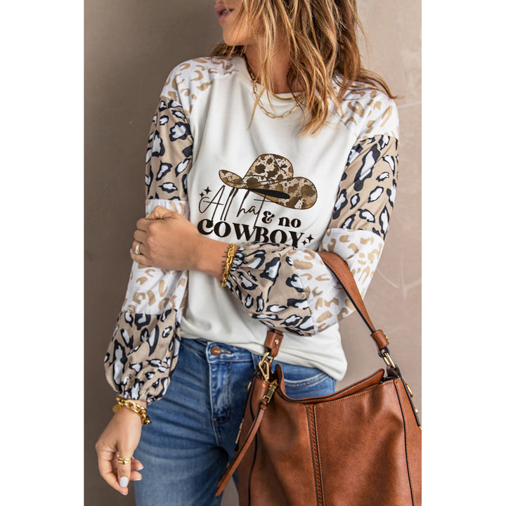 Womens Beige COWBOY Hat Graphic Print Leopard Color Block Long Sleeve Top Image 3