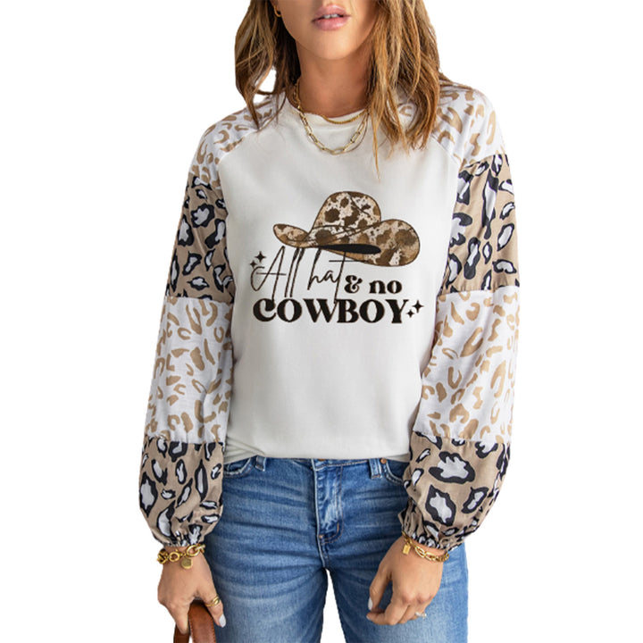 Womens Beige COWBOY Hat Graphic Print Leopard Color Block Long Sleeve Top Image 6