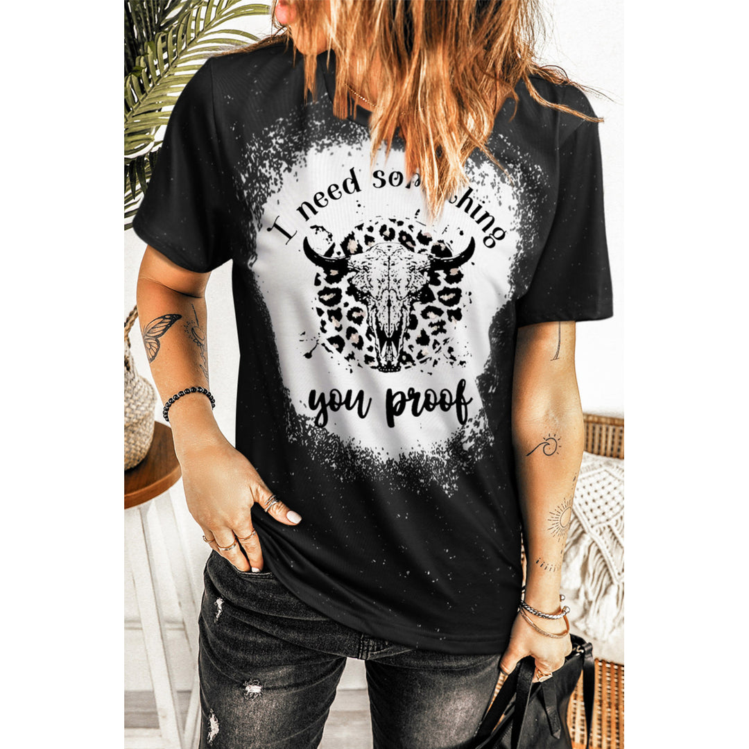 Womens Black Western Pattern Leopard Letter Print Short Sleeve T-shirt Image 1