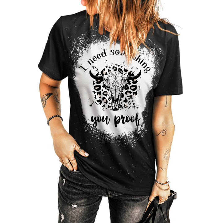 Womens Black Western Pattern Leopard Letter Print Short Sleeve T-shirt Image 3