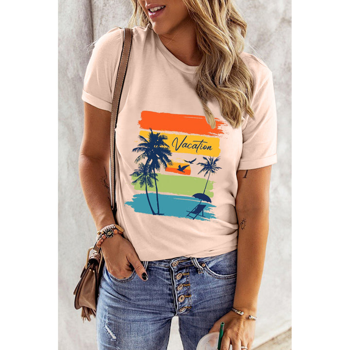 Women's Pink Vacation Plant Color Block Short Sleeve T Shirt Image 1