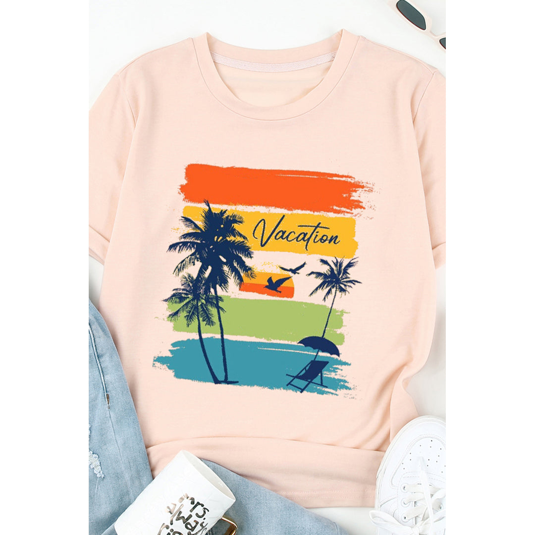 Women's Pink Vacation Plant Color Block Short Sleeve T Shirt Image 2