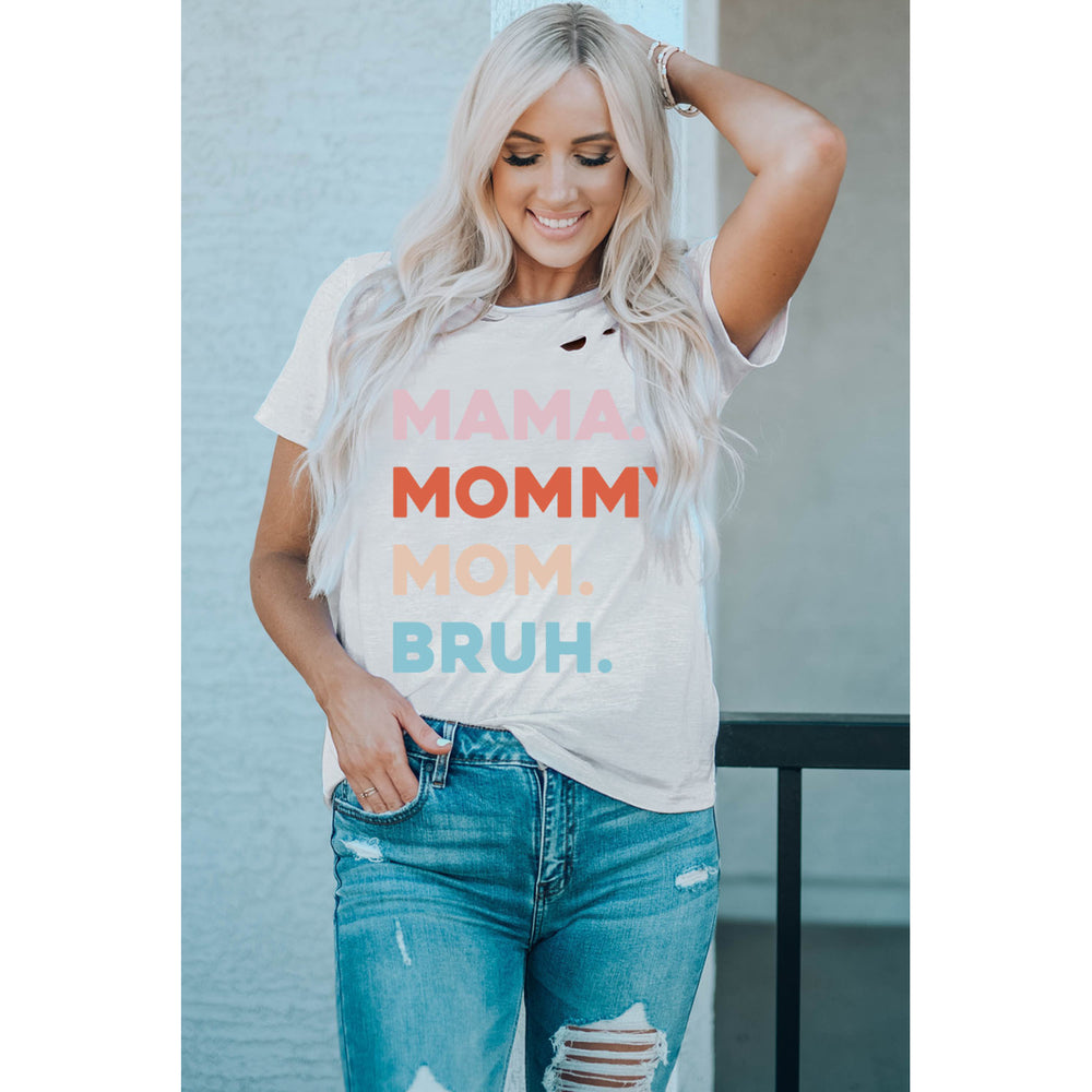 Women's White Distressed Hole Decor Mommy Graphic Tee Image 2