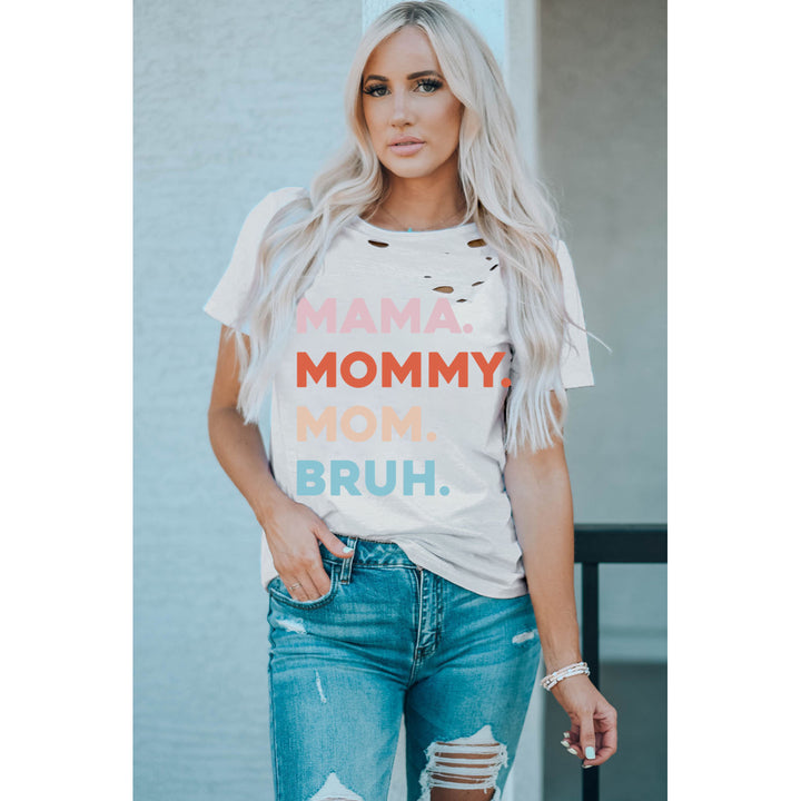 Womens White Distressed Hole Decor Mommy Graphic Tee Image 3