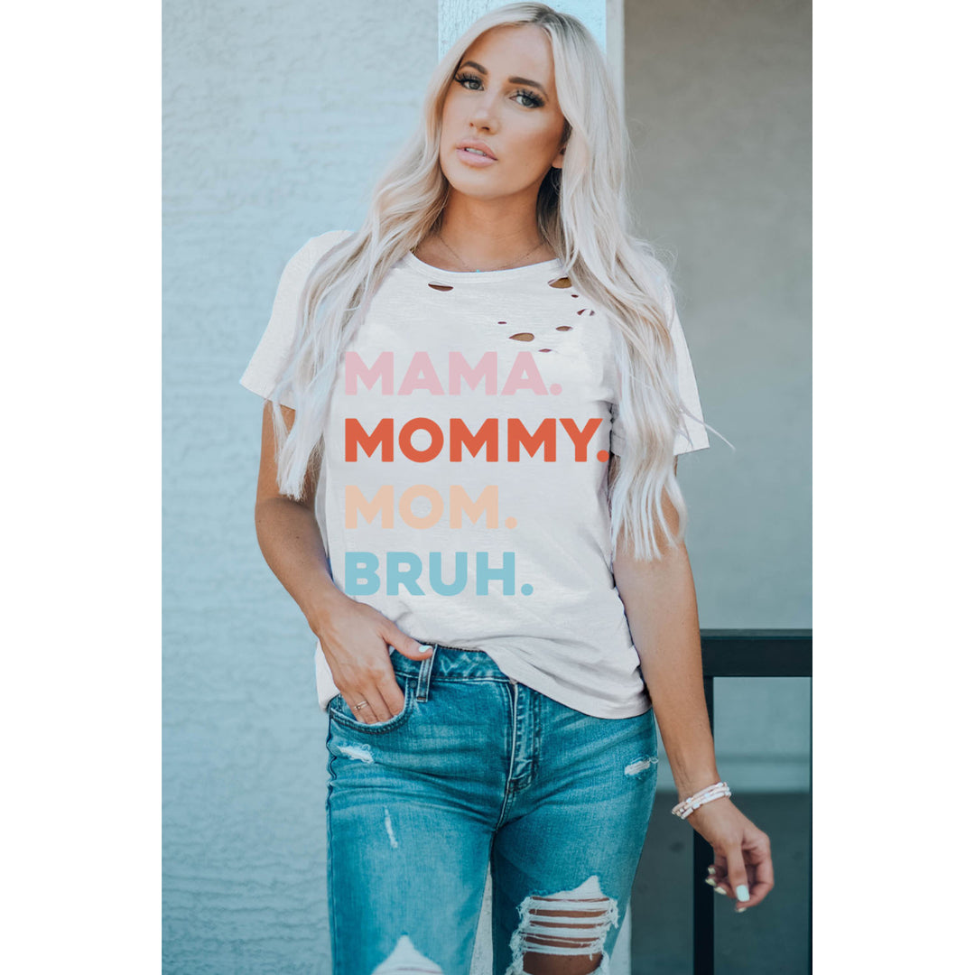 Womens White Distressed Hole Decor Mommy Graphic Tee Image 4