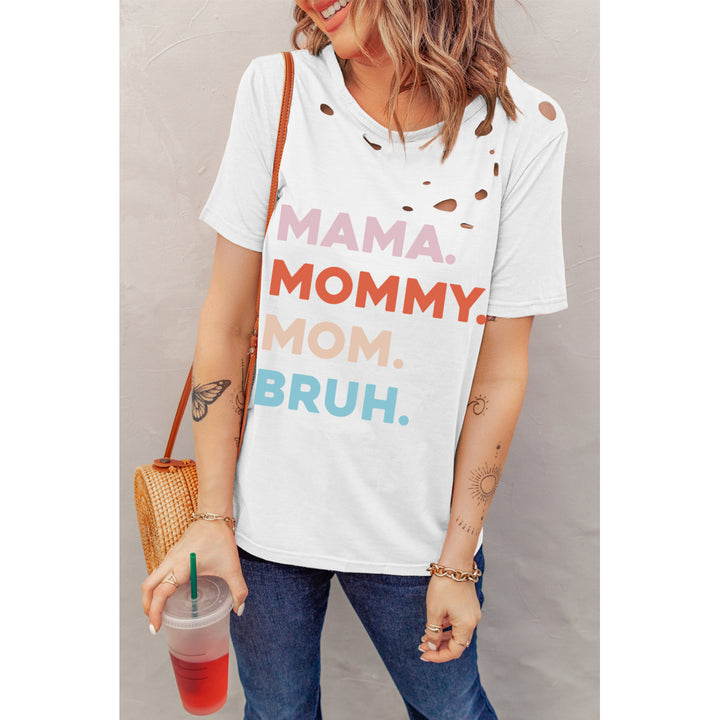 Womens White Distressed Hole Decor Mommy Graphic Tee Image 6