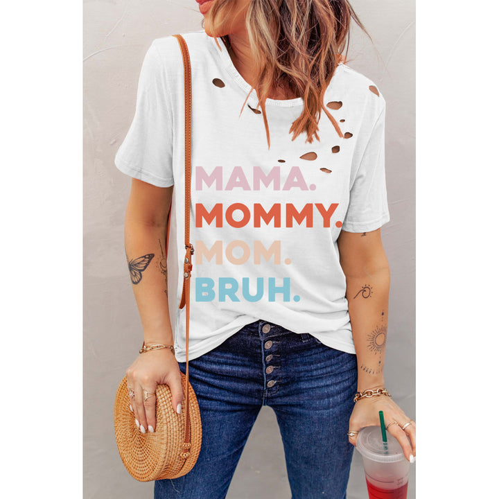 Womens White Distressed Hole Decor Mommy Graphic Tee Image 8