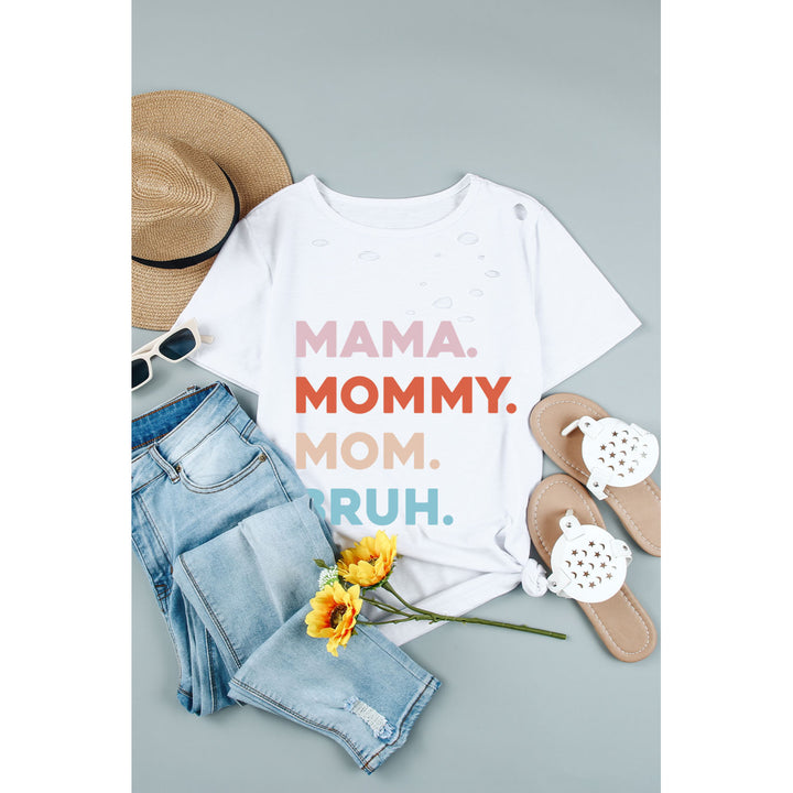 Womens White Distressed Hole Decor Mommy Graphic Tee Image 9