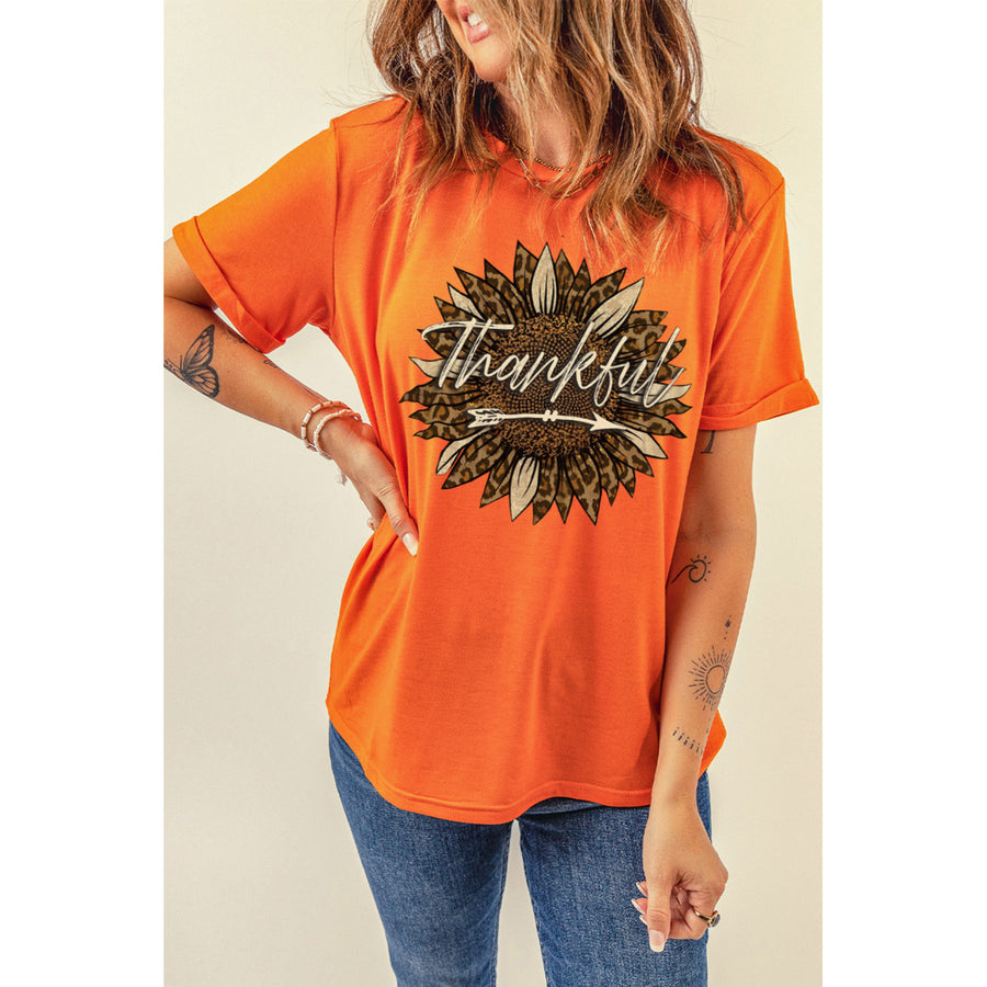 Womens Orange Thankful Sunflower Graphic Print Short Sleeve T Shirt Image 1