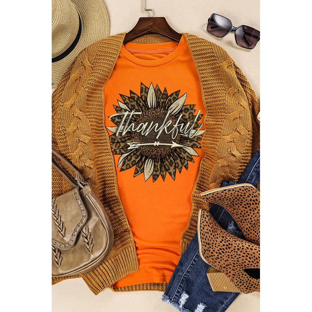 Womens Orange Thankful Sunflower Graphic Print Short Sleeve T Shirt Image 9
