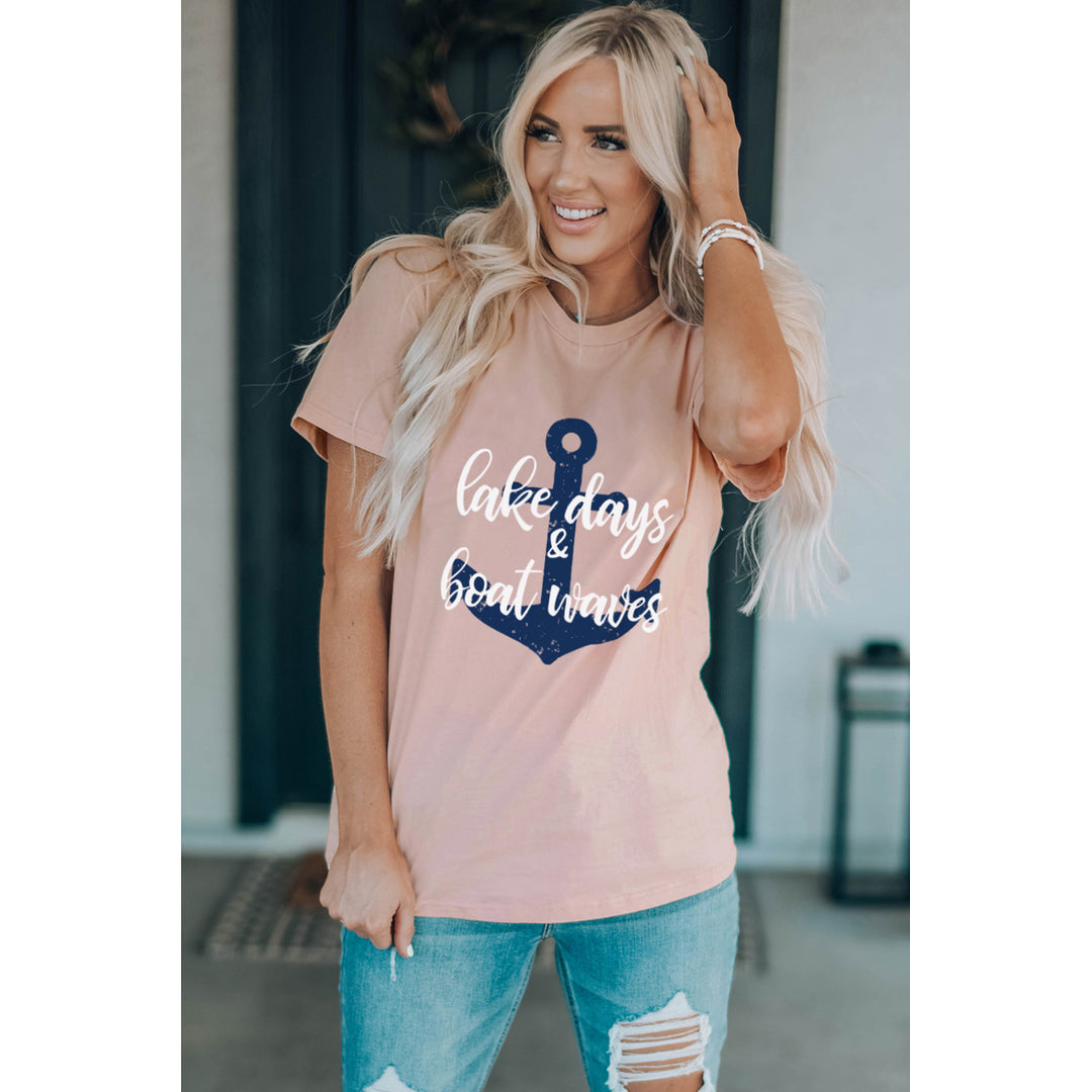 Women's Pink Anchor Letters Printed Short Sleeve Graphic Tee Image 1