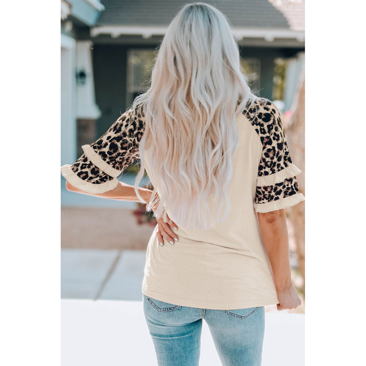 Women's Apricot JESUS Leopard Print Tiered Ruffled Graphic T Shirt Image 1