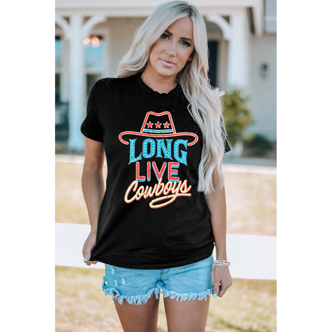 Women's Black Long Live Cowboys Graphic Print Crew Neck T Shirt Image 1