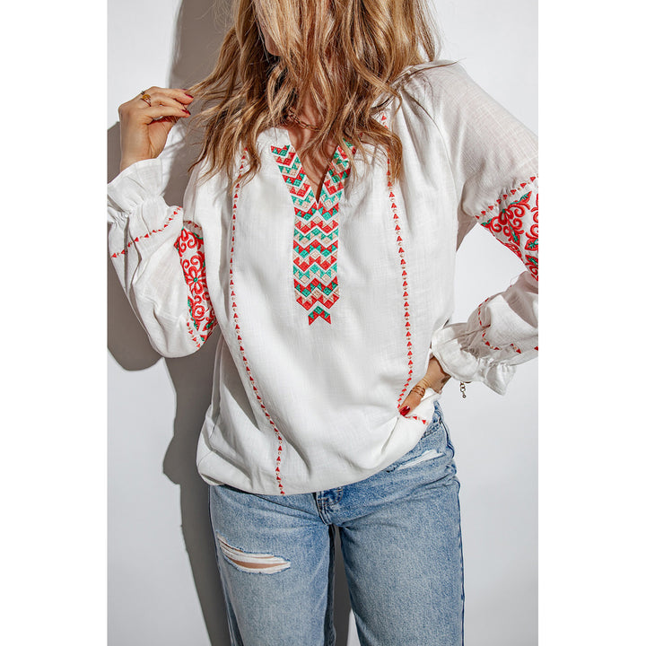 Women's White Embroidered Patchwork V Neck Blouse Image 1