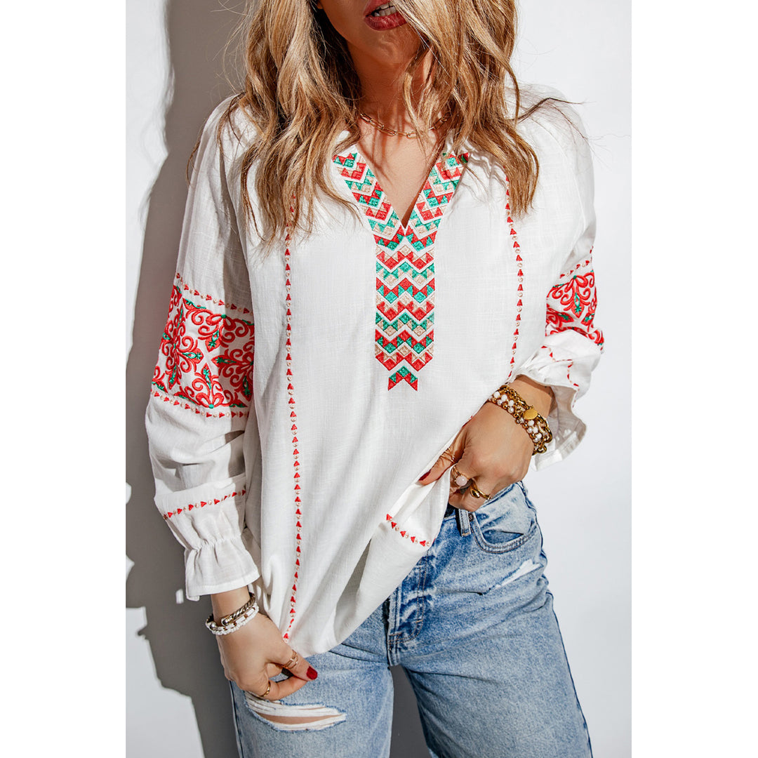 Women's White Embroidered Patchwork V Neck Blouse Image 3