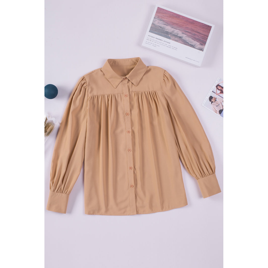 Women's Khaki Solid Button-up Loose Long Sleeve Shirt Image 1