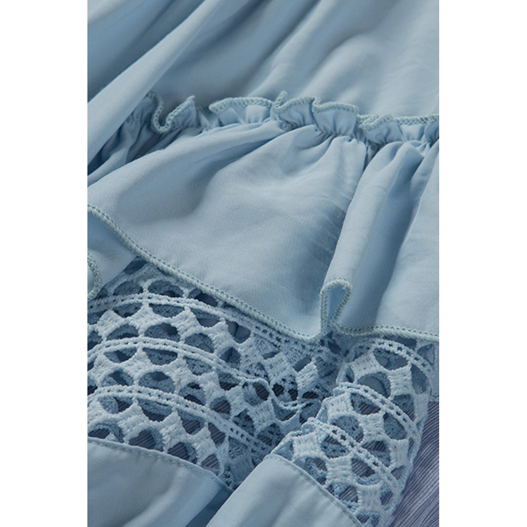 Womens Sky Blue Split Neck Crochet Peasant Blouse Image 9