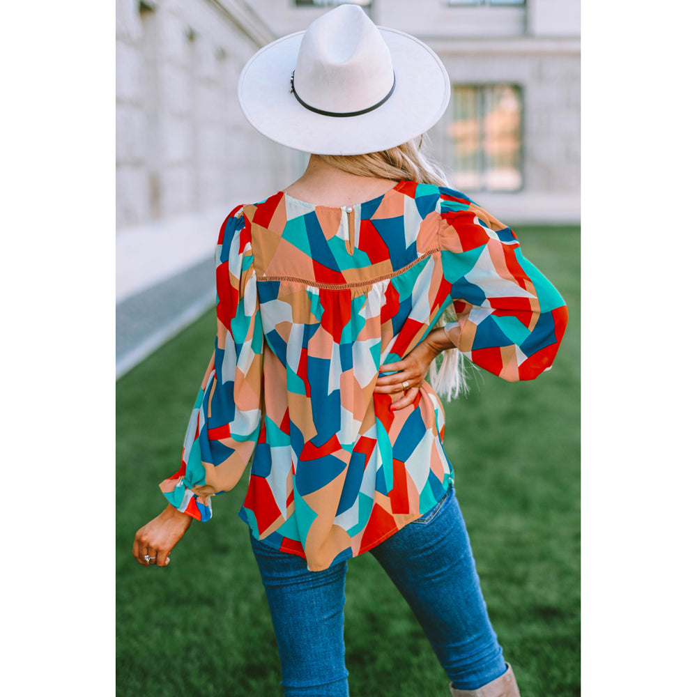 Womens Multicolor Abstract Pattern Crewneck Ruffled Puff Sleeve Blouse Image 2