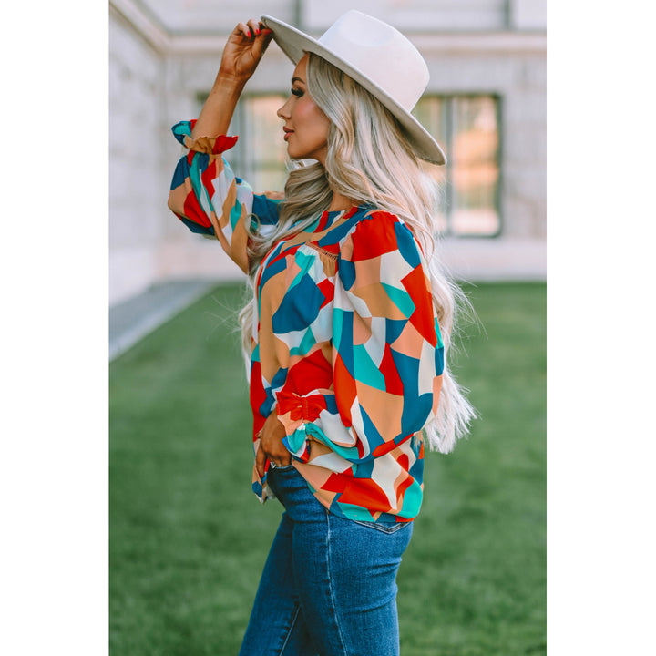 Womens Multicolor Abstract Pattern Crewneck Ruffled Puff Sleeve Blouse Image 3