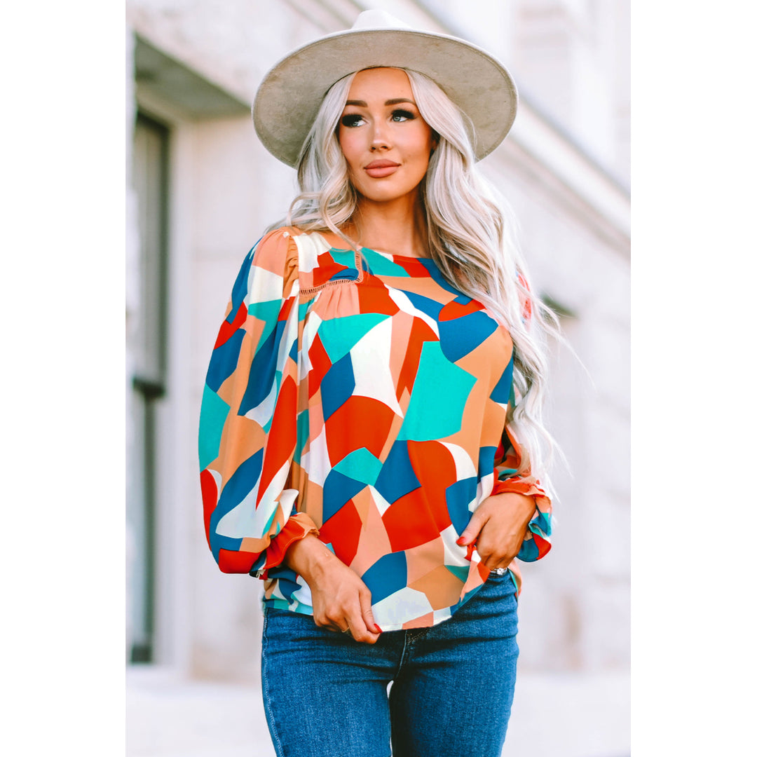 Womens Multicolor Abstract Pattern Crewneck Ruffled Puff Sleeve Blouse Image 6