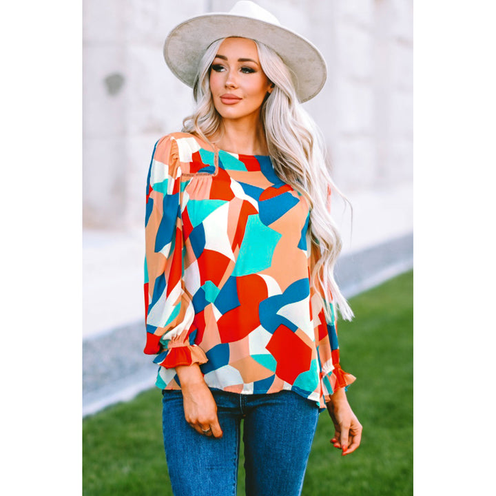 Womens Multicolor Abstract Pattern Crewneck Ruffled Puff Sleeve Blouse Image 8