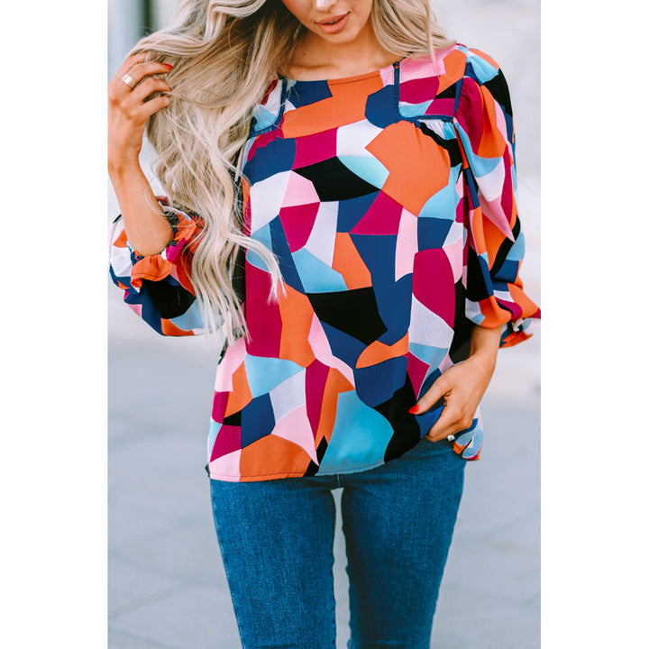 Women's Abstract Pattern Crewneck Ruffled Puff Sleeve Blouse Image 1
