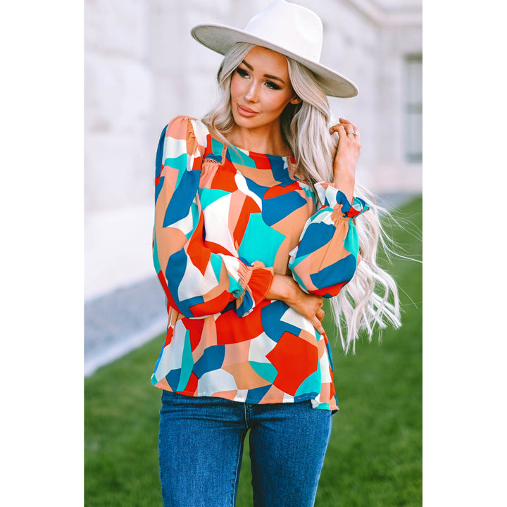 Womens Multicolor Abstract Pattern Crewneck Ruffled Puff Sleeve Blouse Image 10