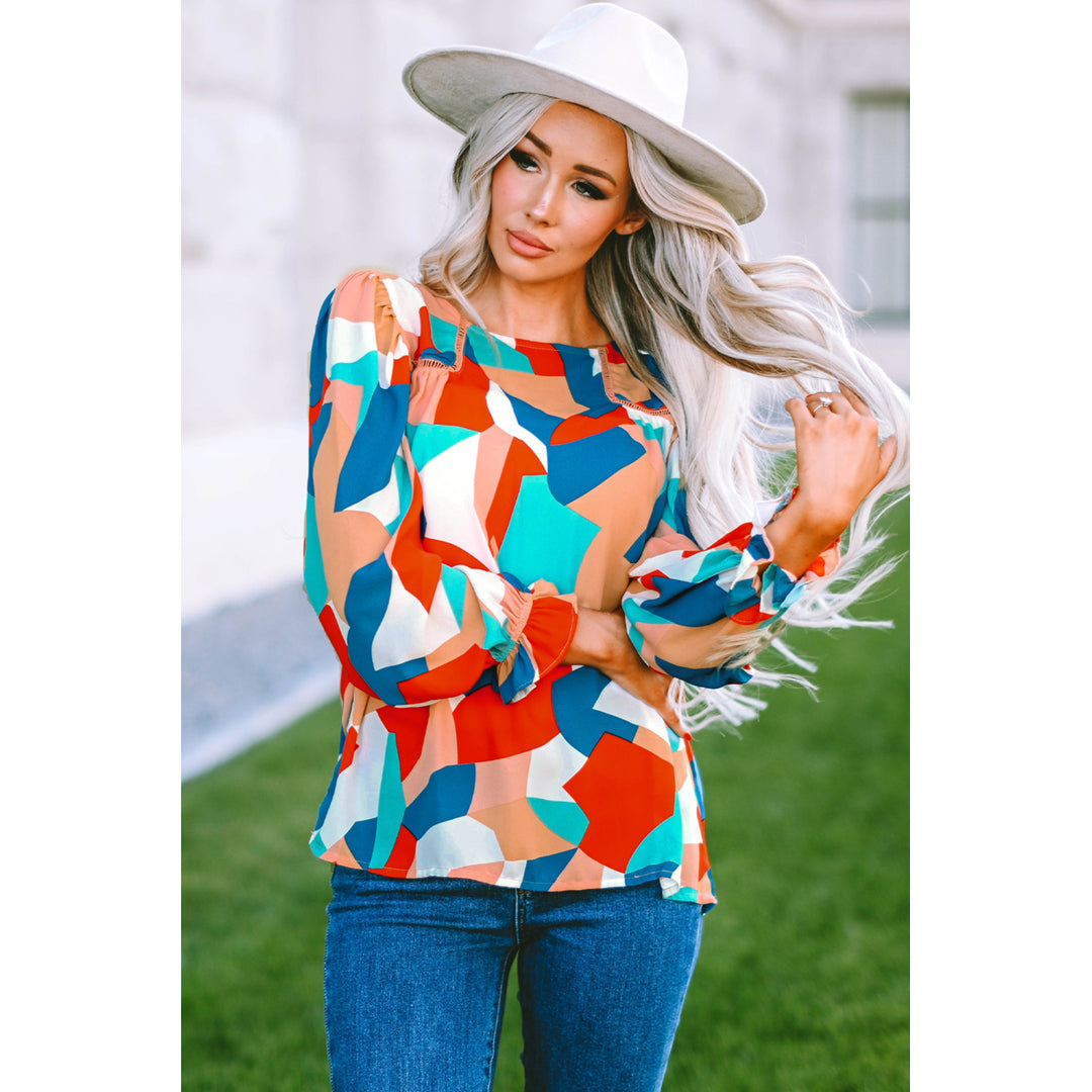 Womens Multicolor Abstract Pattern Crewneck Ruffled Puff Sleeve Blouse Image 11