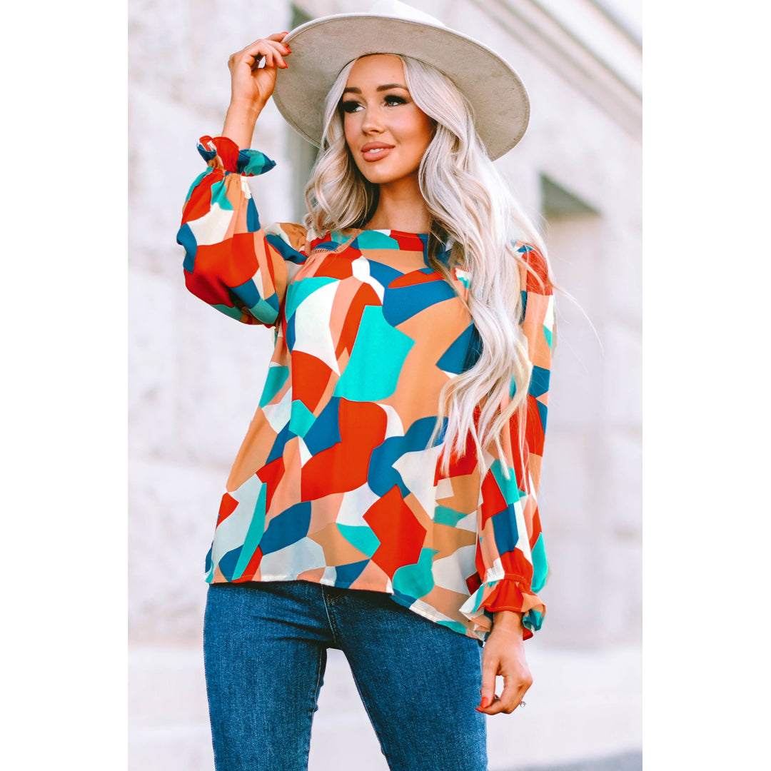 Womens Multicolor Abstract Pattern Crewneck Ruffled Puff Sleeve Blouse Image 12