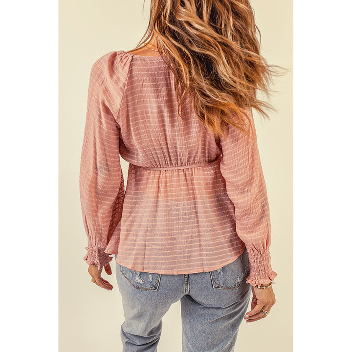 Womens Pink Textured Tie Front Peplum Blouse Image 2