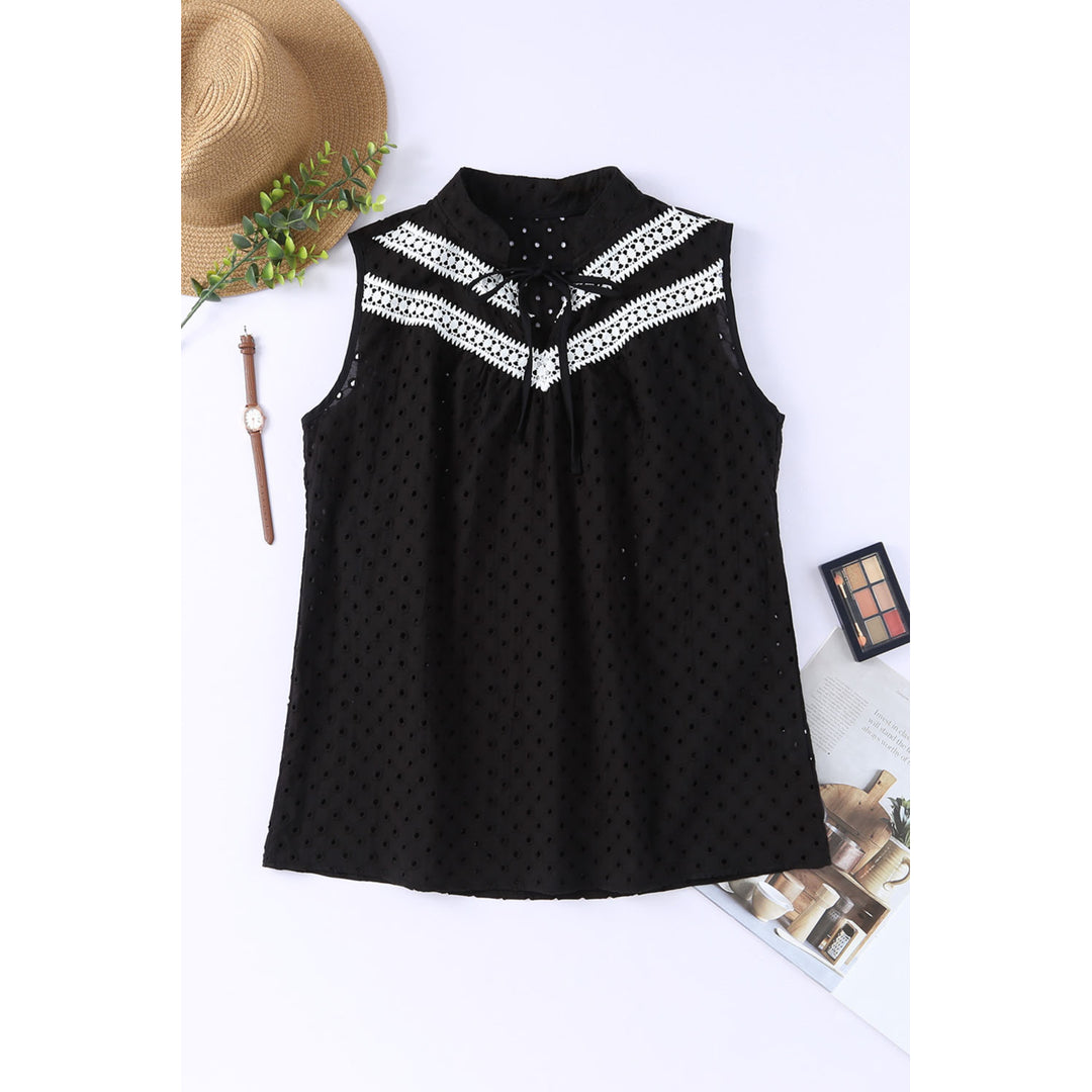 Womens Black Lace Crochet Hollow Out Sleeveless Blouse Image 1