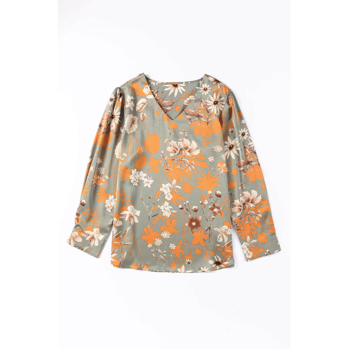 Womens Green Floral Print Long Sleeve V Neck Blouse Image 8