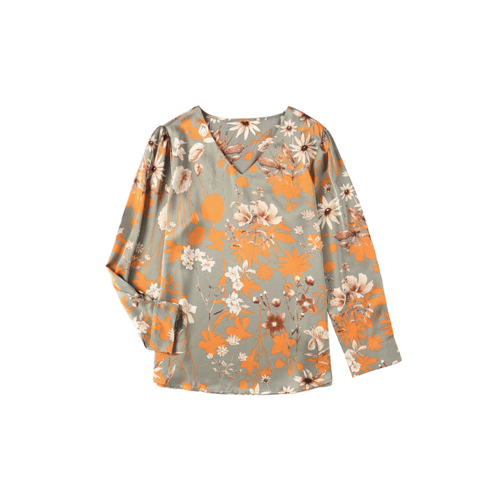 Womens Green Floral Print Long Sleeve V Neck Blouse Image 9