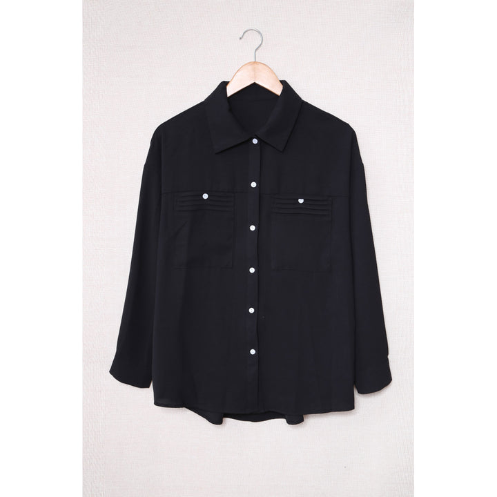Womens Black Solid Pocket Long Sleeve Button-up Shirt Image 1