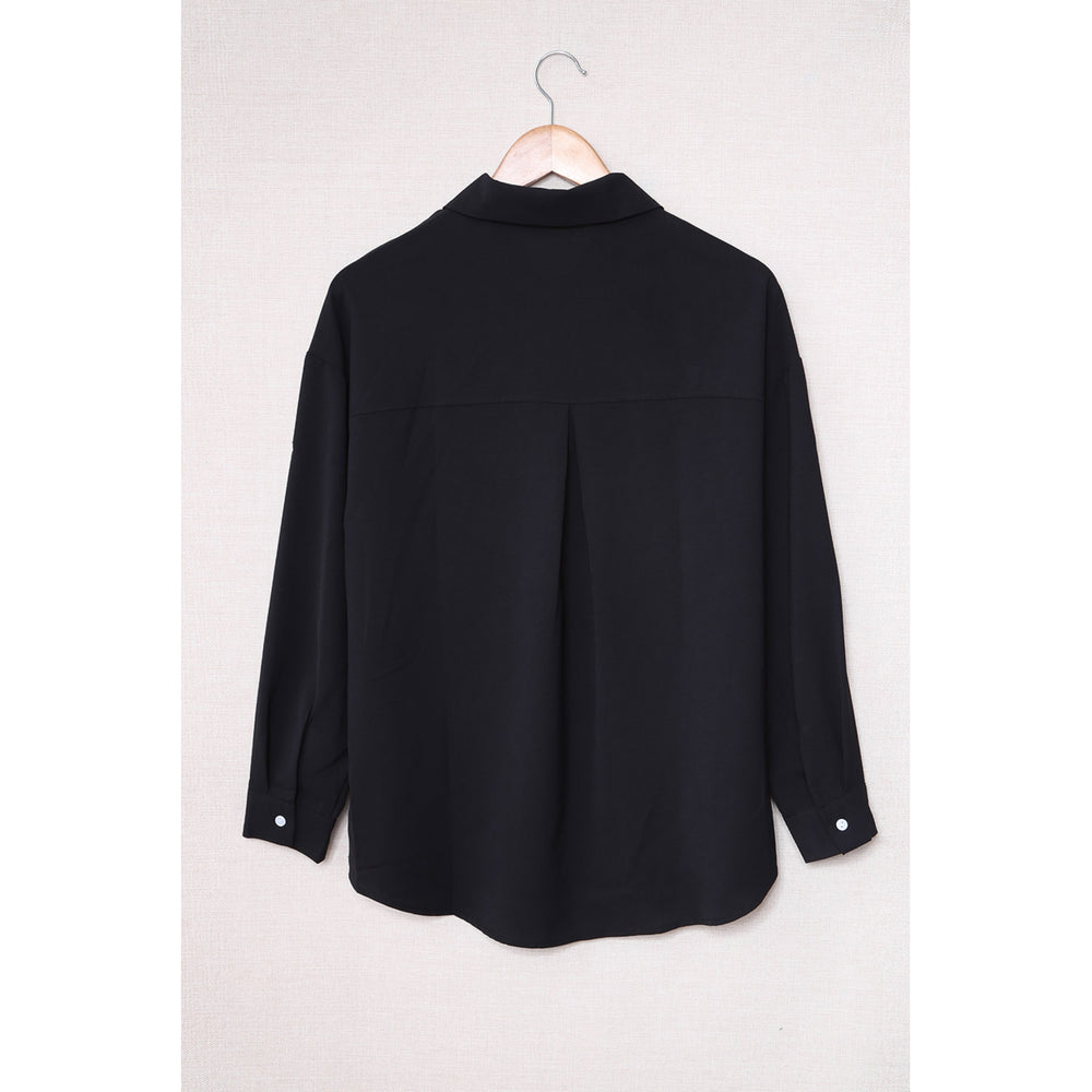 Womens Black Solid Pocket Long Sleeve Button-up Shirt Image 2
