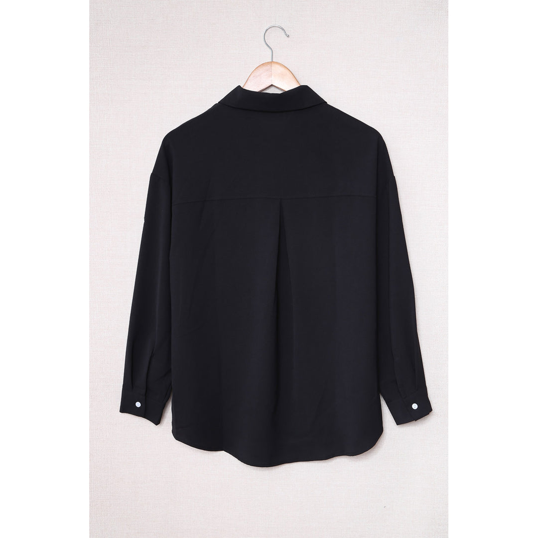 Womens Black Solid Pocket Long Sleeve Button-up Shirt Image 2