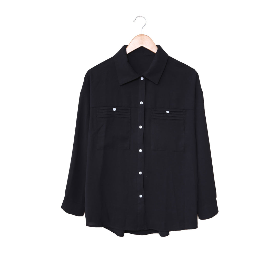 Womens Black Solid Pocket Long Sleeve Button-up Shirt Image 10