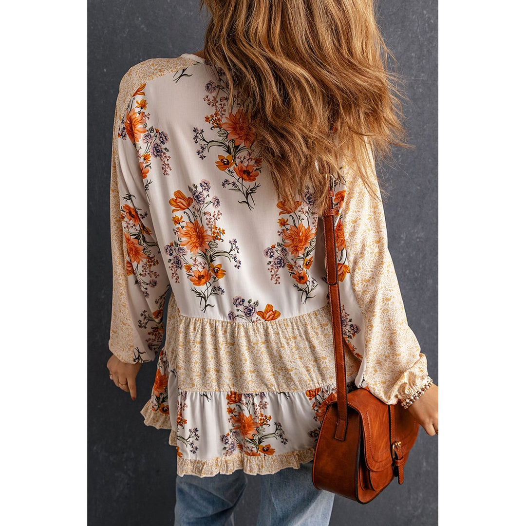 Womens Yellow Floral Print V Neck Ruffled Blouse Image 1