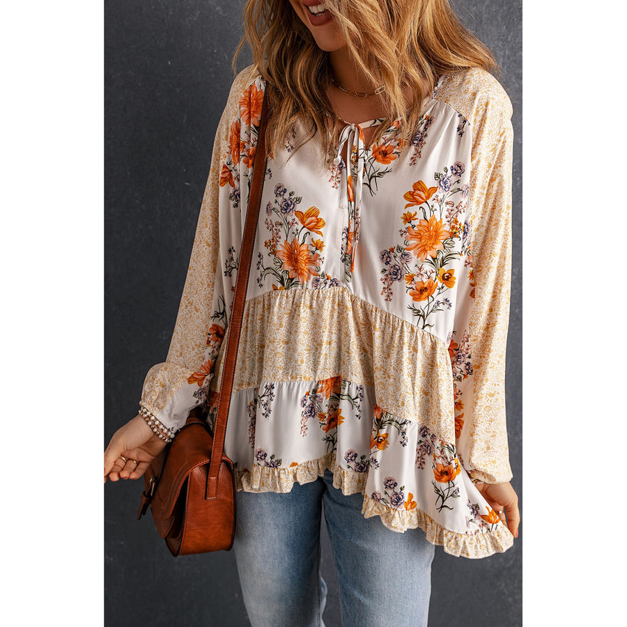 Womens Yellow Floral Print V Neck Ruffled Blouse Image 1