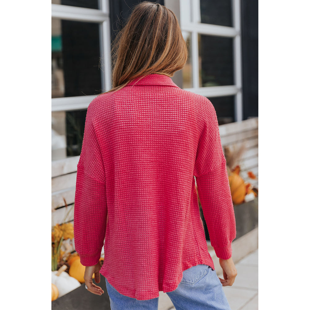 Womens Pink Waffle Knit Button Up Casual Shirt Image 2