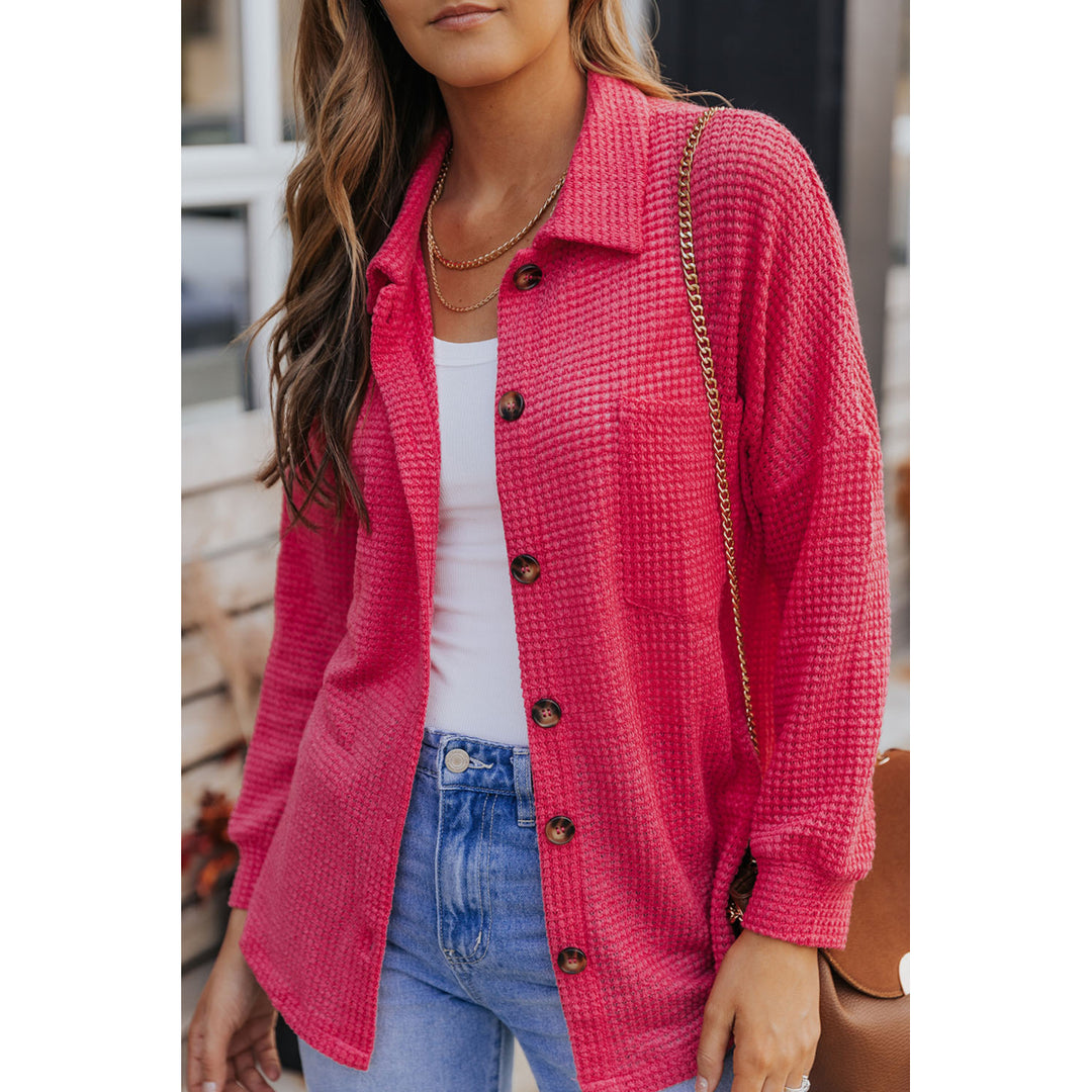 Womens Pink Waffle Knit Button Up Casual Shirt Image 3