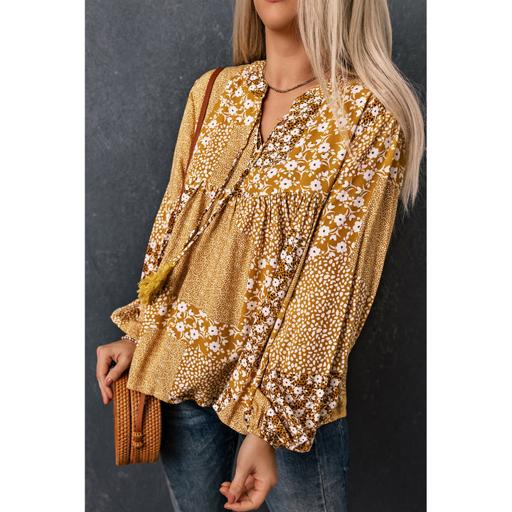 Womens Yellow Boho Floral Patchwork Tassel Tie Babydoll Blouse Image 3