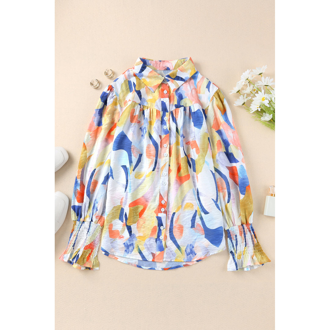 Womens Multicolor Collared Neckline Smocked Cuffs Printed Shirt Image 7