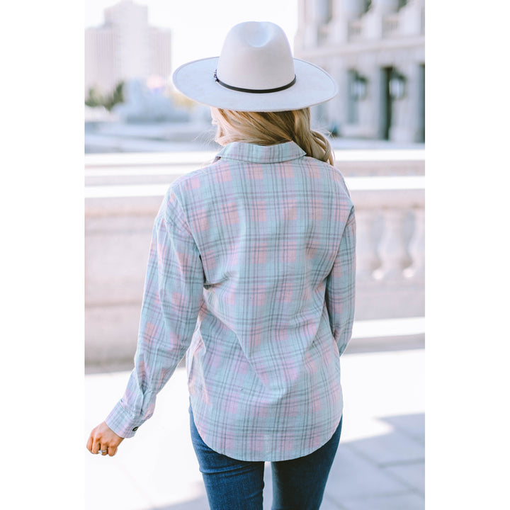 Women's Pink Collared Neckline Plaid Pattern Long Sleeve Shirt Image 1