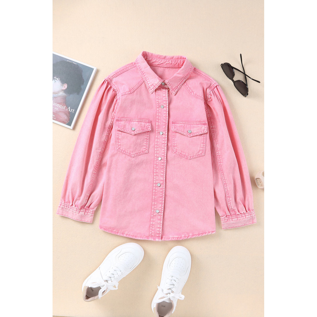 Womens Pink Acid Washed Snap Buttons Denim Shirt Image 1
