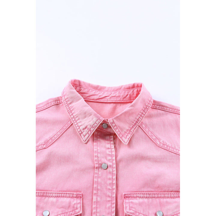 Womens Pink Acid Washed Snap Buttons Denim Shirt Image 3