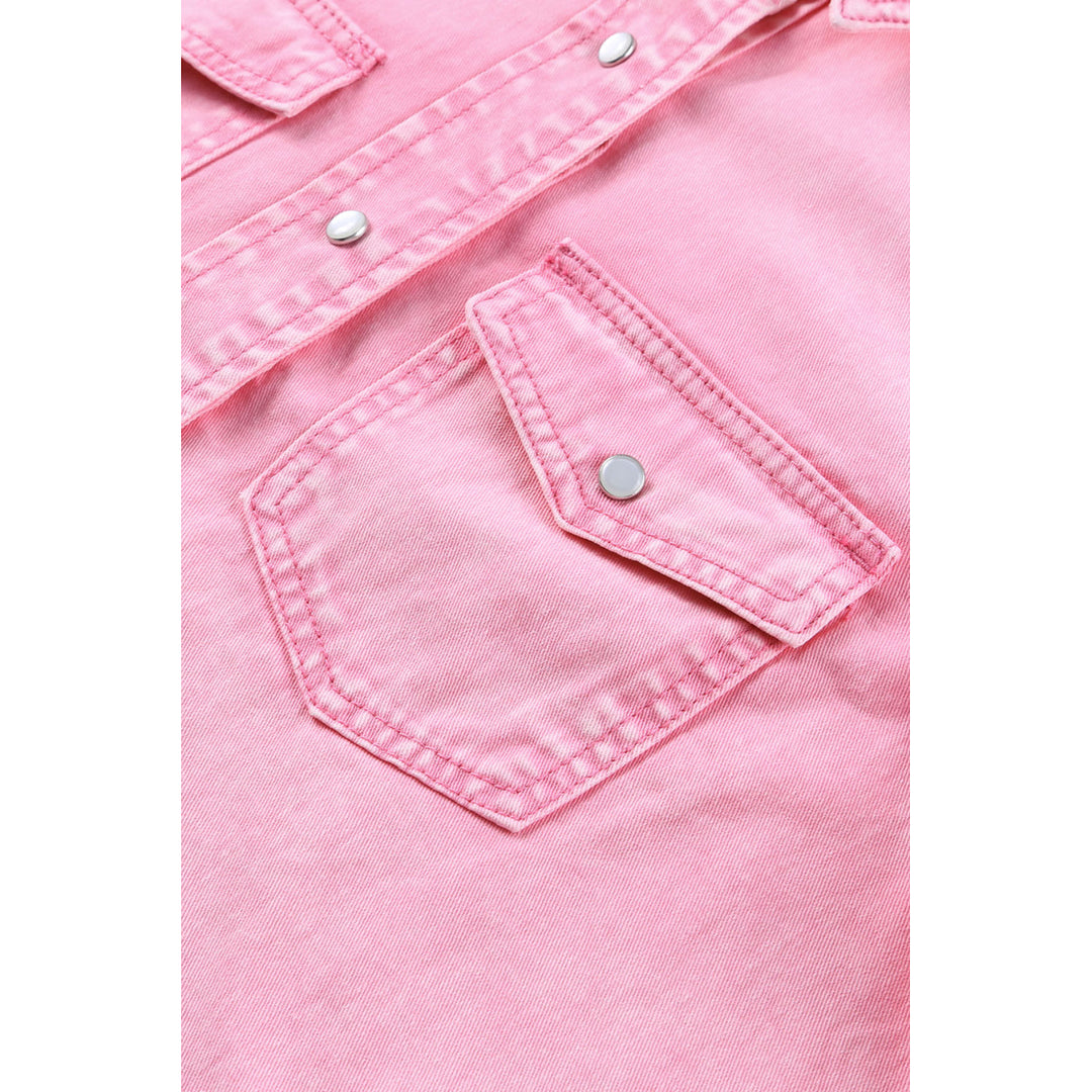 Womens Pink Acid Washed Snap Buttons Denim Shirt Image 4